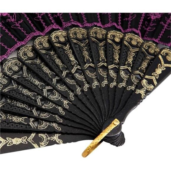 Elegant Black Lace Folding Hand Fan with Pink Floral Embroidery - Picture 2 of 4